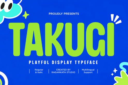 Takugi playful display typeface in lime green with regular, italic, multilingual support by Ragamkata Studio