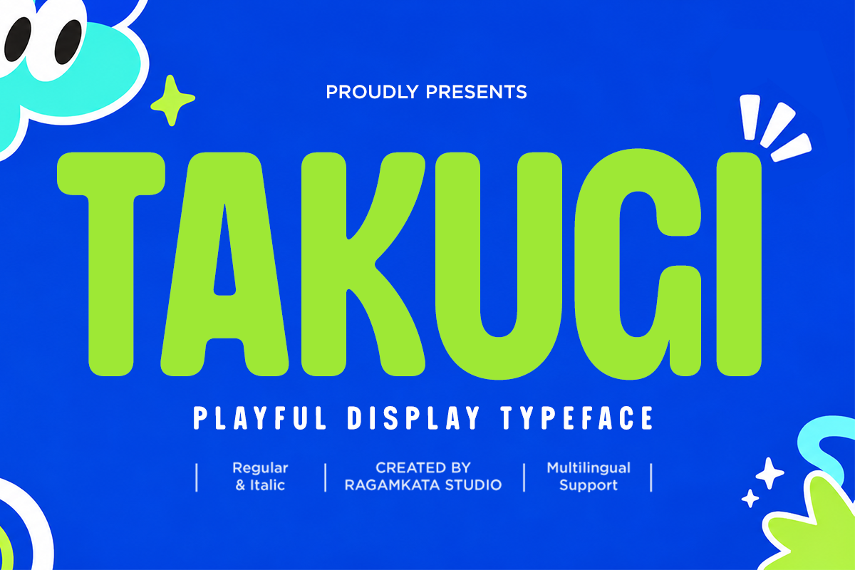 Takugi playful display typeface in lime green with regular, italic, multilingual support by Ragamkata Studio