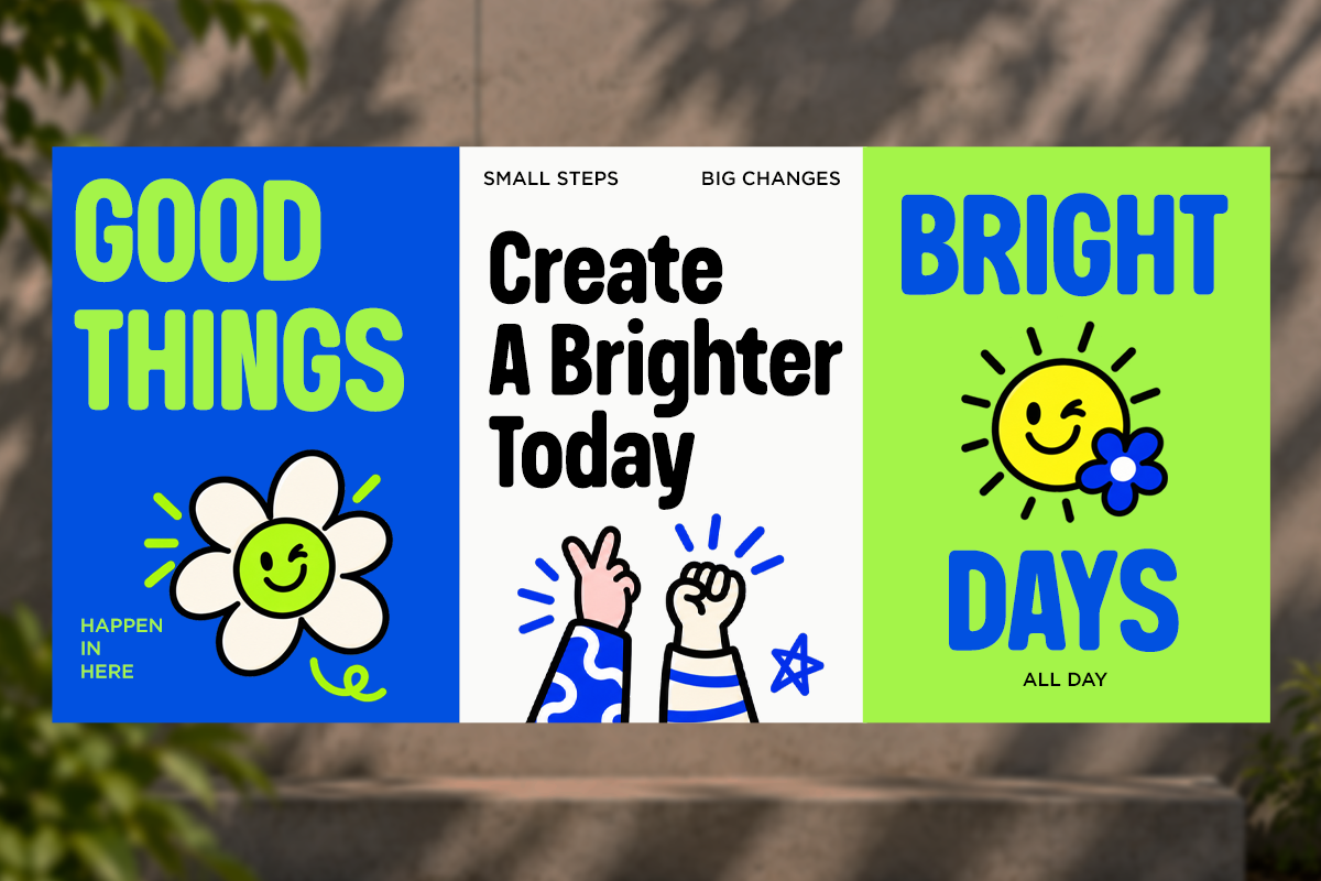 Colorful triptych poster with smiley flowers, peace hands, uplifting typography in neon green, blue, white