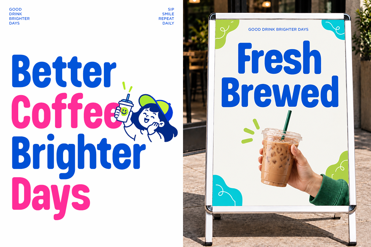 Colorful coffee shop sidewalk sign with bold blue text, iced drink photo, cute illustrated character holding a cup