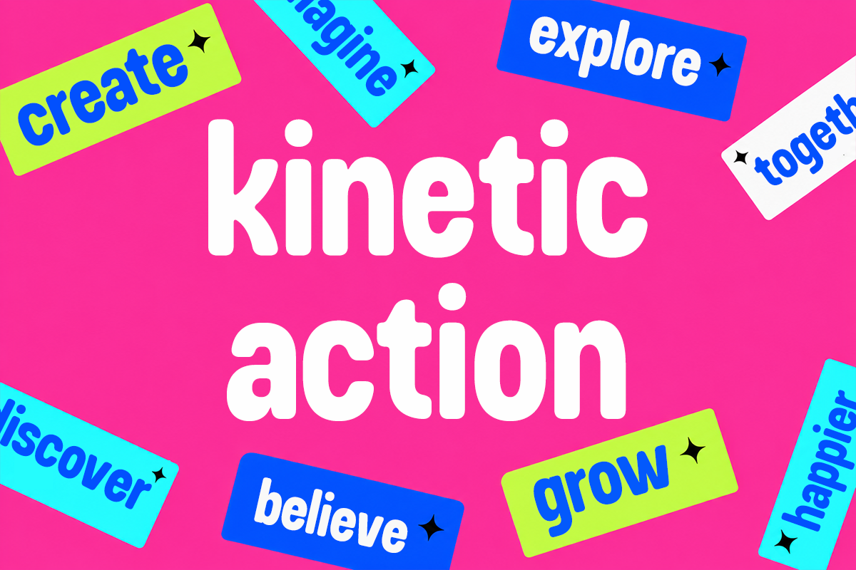 Bright kinetic type treatment with motivational words scattered on hot pink background