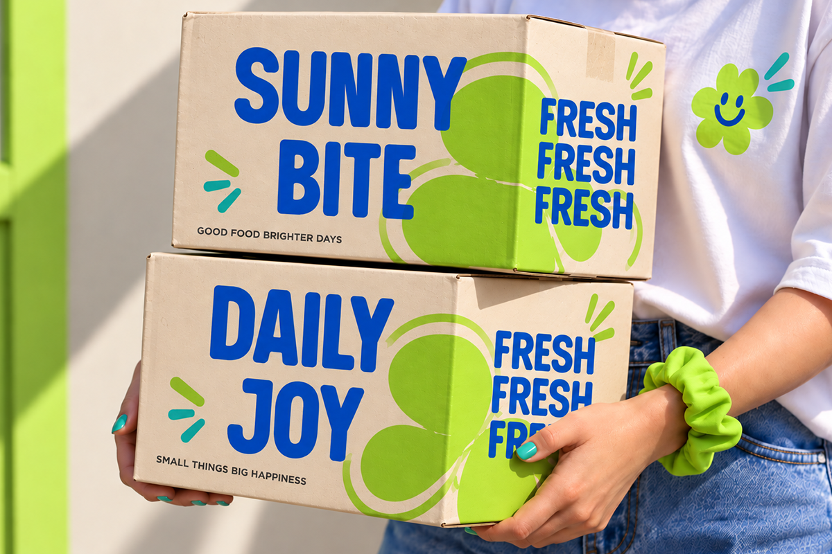 Stacked cardboard boxes with bold blue typography, lime green graphic elements, held by someone in bright sunlight