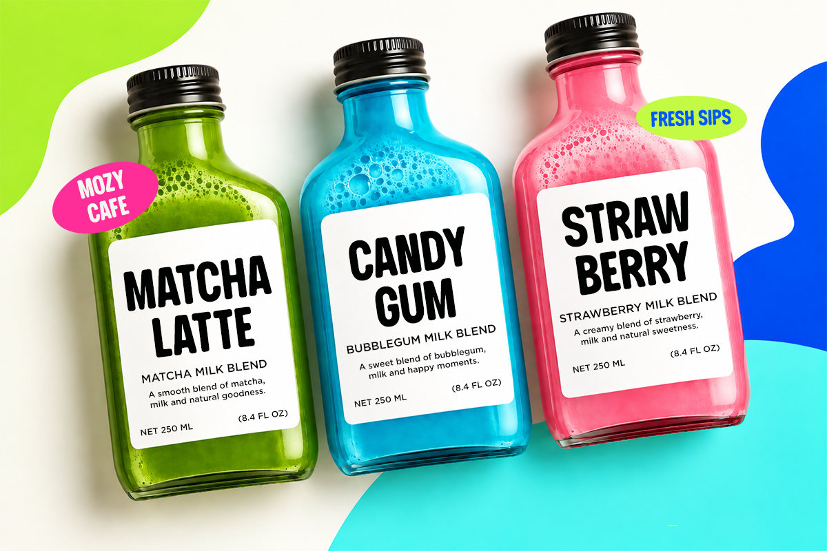 Three colorful beverage bottles mockup with matcha latte, candy gum, strawberry milk labels