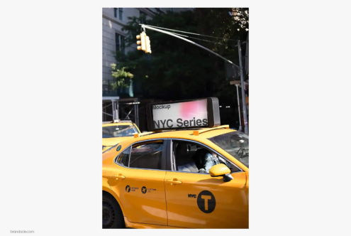 Taxi rooftop billboard mockup on NYC yellow cab with traffic light above