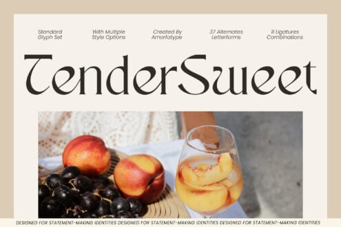 Tender Sweet serif font displayed with peaches, grapes, plus a chilled drink on cream background