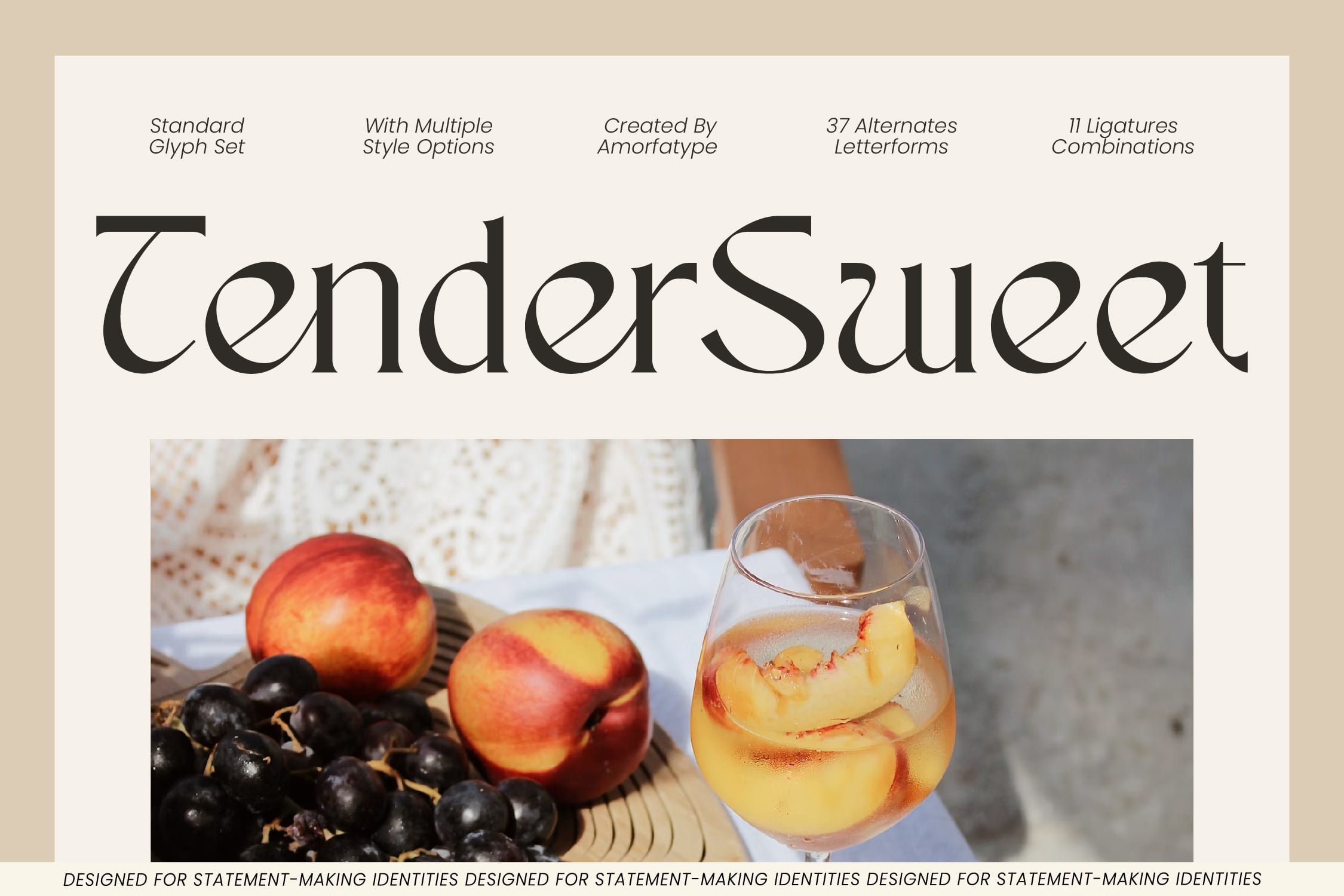 Tender Sweet serif font displayed with peaches, grapes, plus a chilled drink on cream background