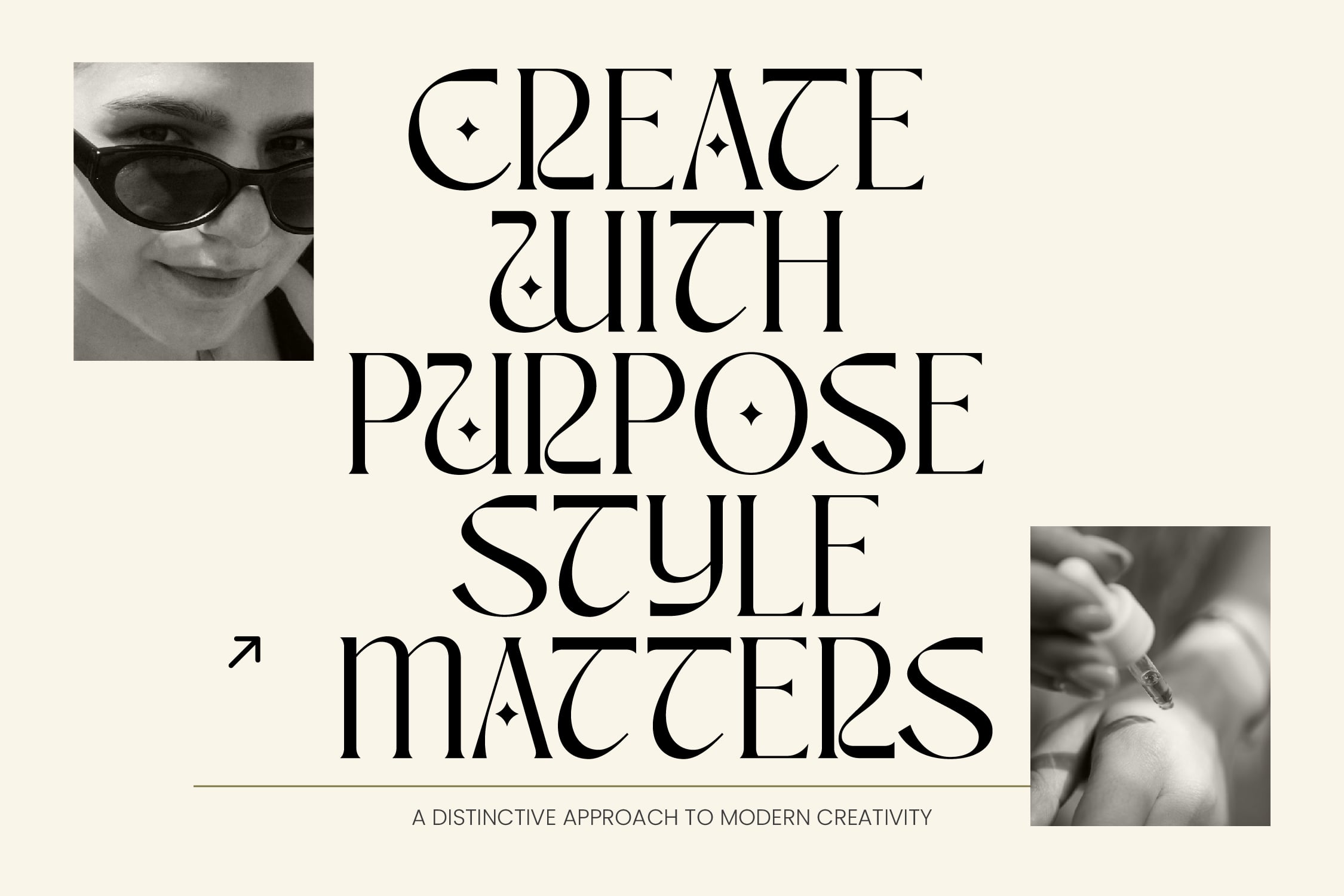 Elegant serif font with sparkle accents paired with moody black white photos on cream background