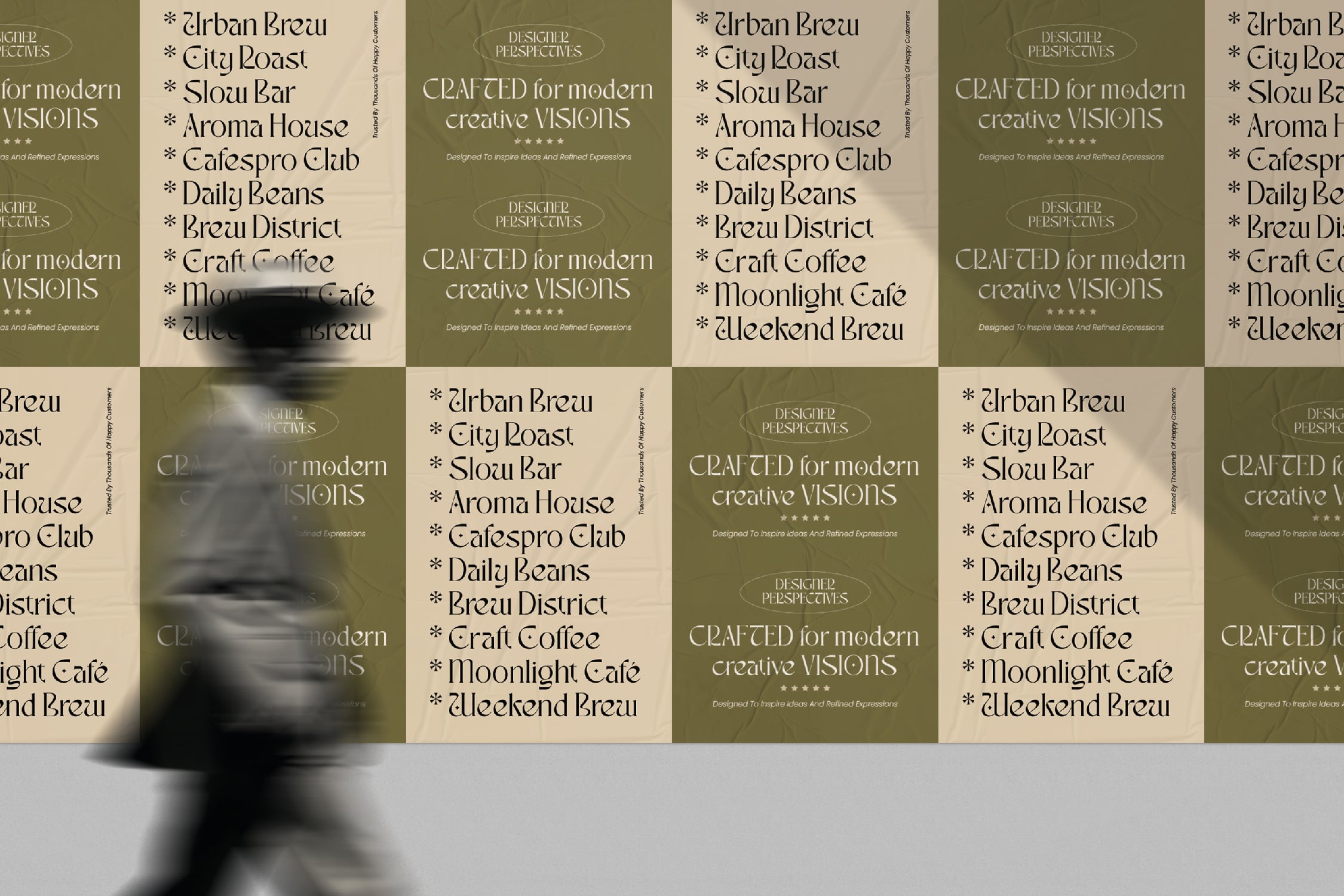 Coffee shop branding mockup with elegant serif font names on muted olive backgrounds