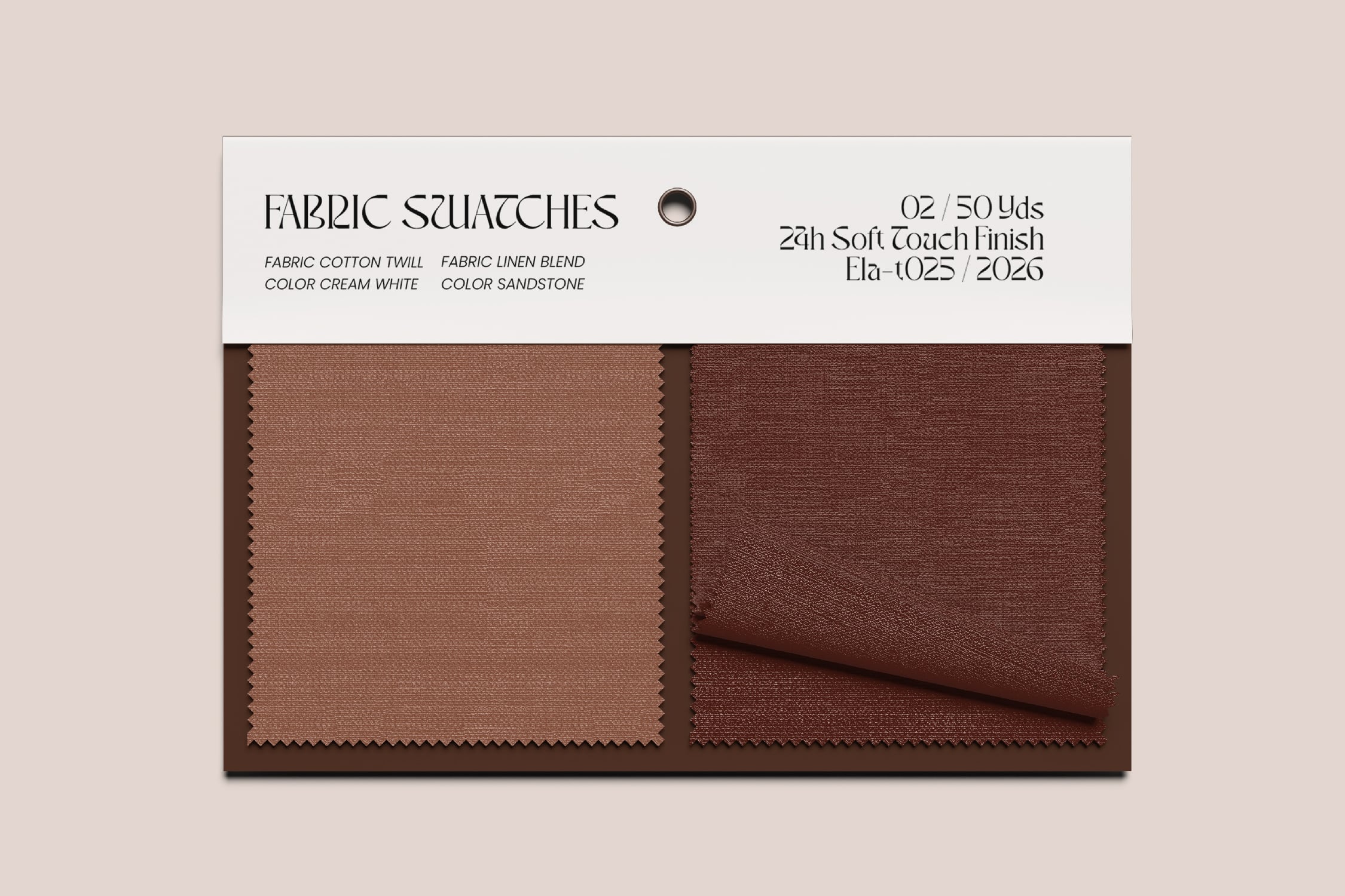 Fabric swatches mockup showing cream cotton twill next to sandstone linen blend with soft touch finish