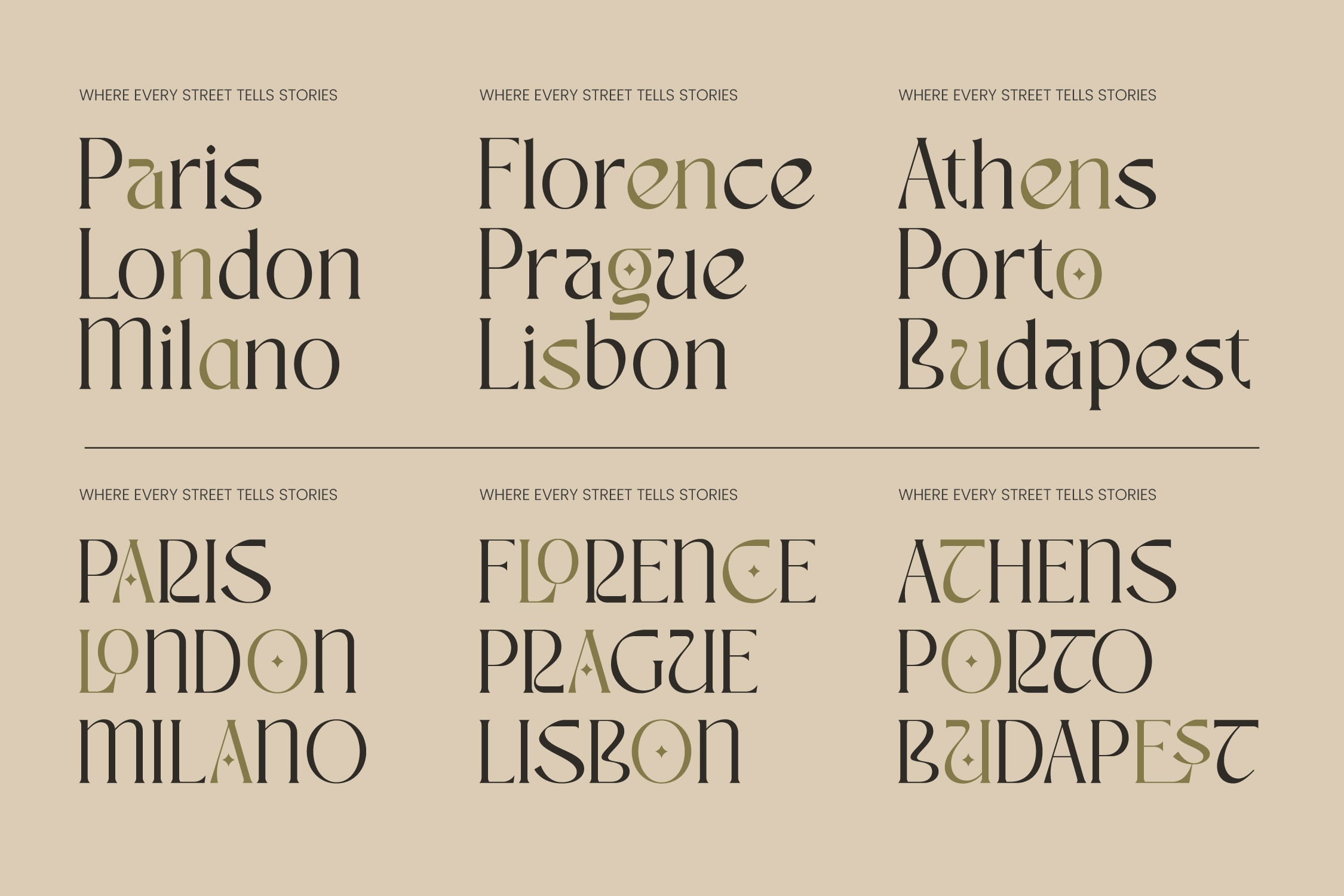 European city names in serif font variations showing elegant typography styles