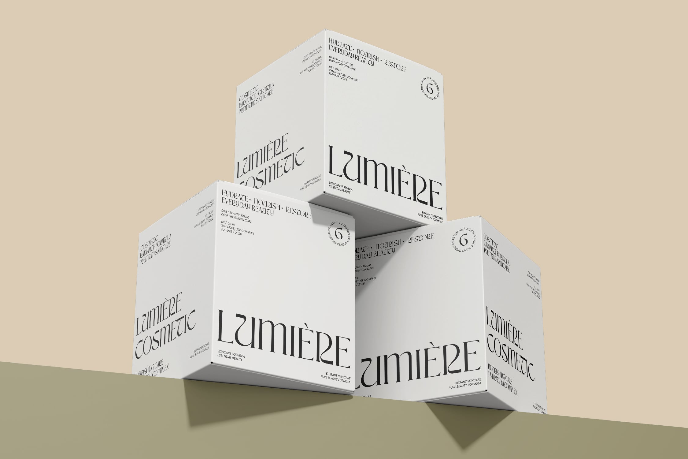 Luxury cosmetic boxes stacked in 3D perspective showing minimalist branding with serif typography on cream background