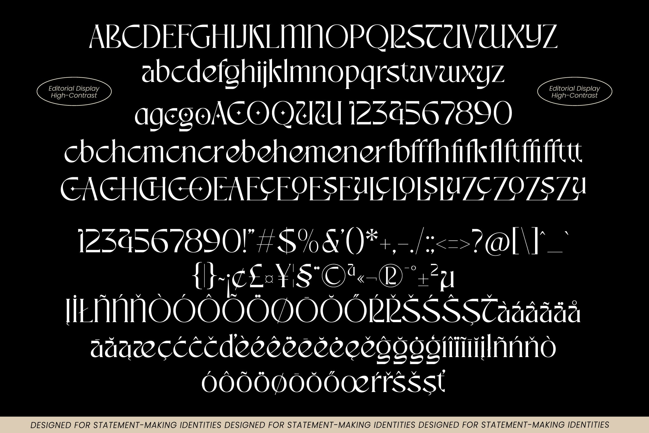 Elegant serif font specimen showing uppercase, lowercase, numbers, ligatures with accented characters on black background