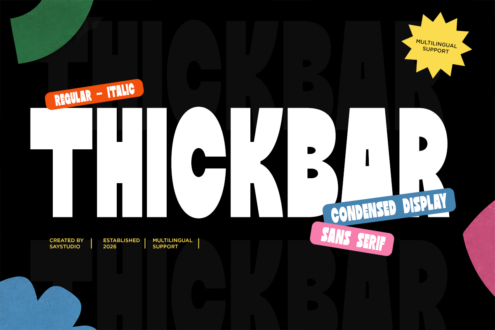 Thickbar sans serif font with regular plus italic weights, multilingual support