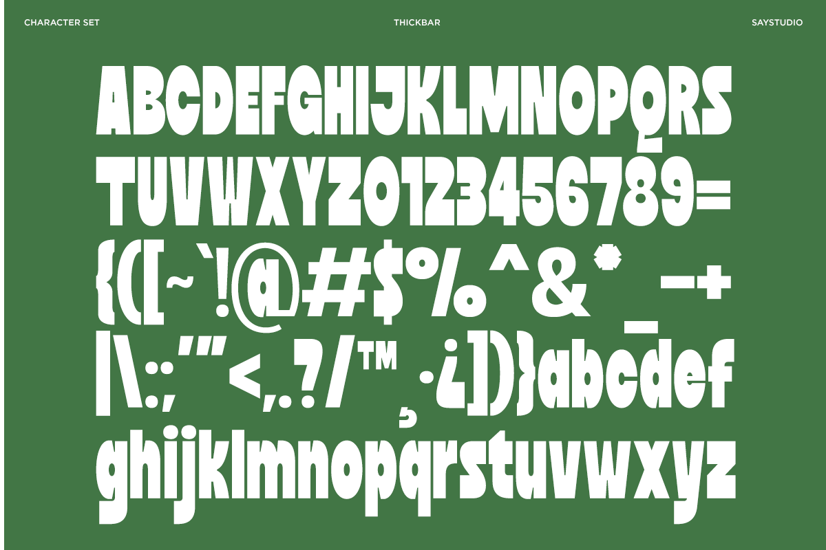 Thickbar font showing full character set with uppercase, lowercase, numbers, symbols on green background