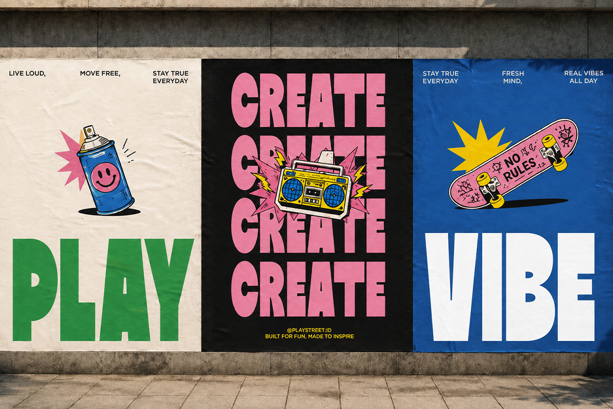 Three vibrant street art posters with bold typography, retro illustrations, graffiti style messaging on concrete wall