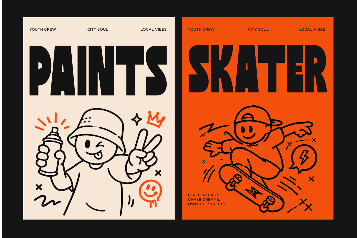 Two poster designs side by side: cream with "PAINTS" in bold black type, orange with "SKATER" in black, both featuring playful line art illustrations