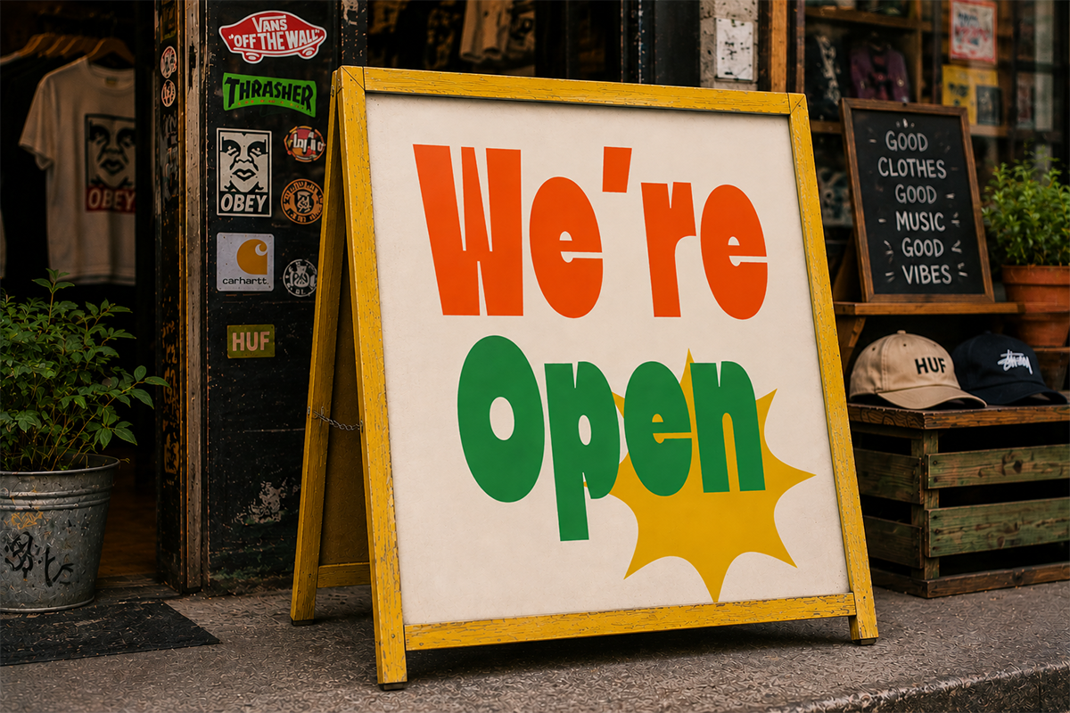 Vintage wooden sandwich board sign with orange "we're" text, green "open" lettering, gold star burst on cream background outside skate shop