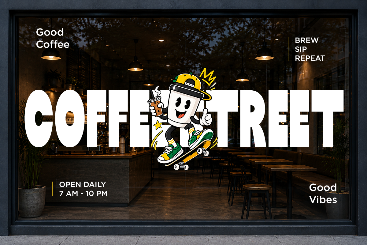 Coffee shop window decal with retro mascot character on skateboard, bold typography