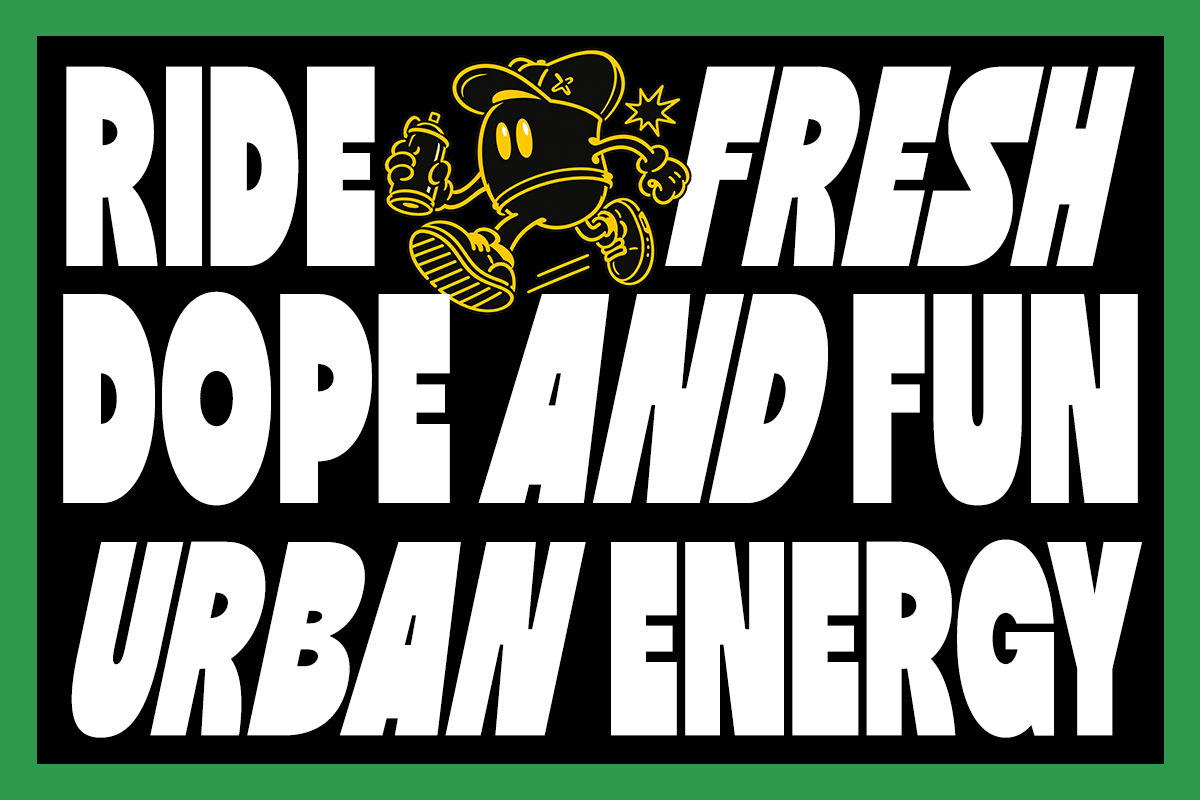 Bold street art poster with white italic lettering, yellow cartoon character in center, green background