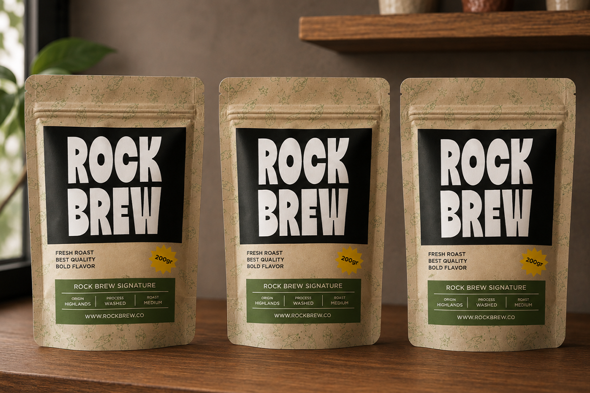 Three kraft coffee pouches with Rock Brew branding, bold white lettering on black labels, 200g size