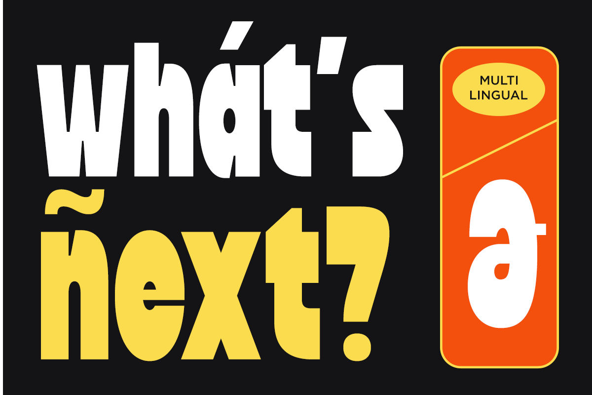 Bold white letters with yellow text on black background, phone mockup showing multilingual badge on orange screen