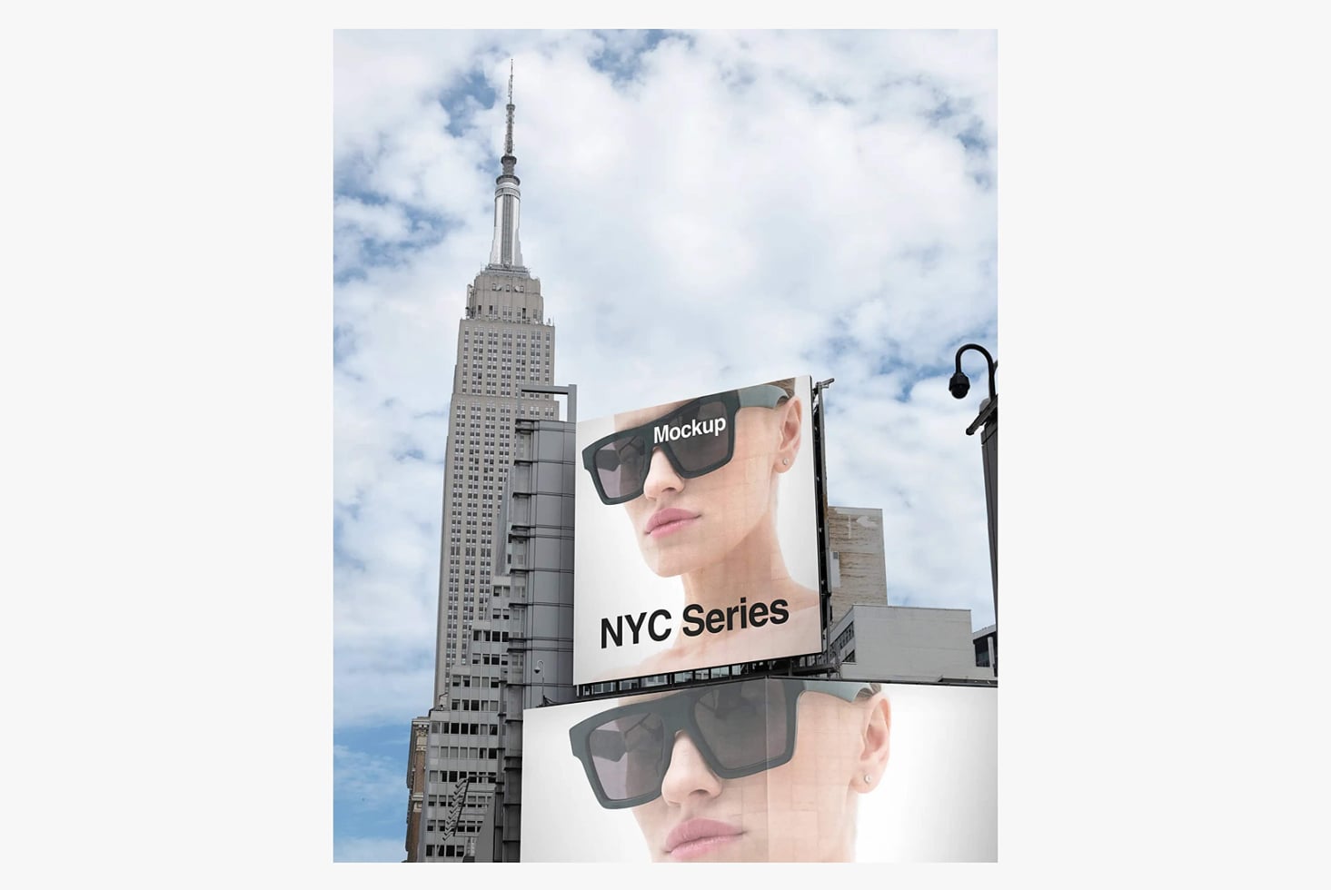 Sunglasses mockup on NYC street billboard with Empire State Building in background