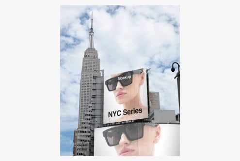 Sunglasses mockup on NYC street billboard with Empire State Building in background