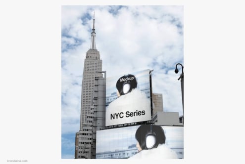 Street billboard mockup with Empire State Building, NYC Series branding, editable beanie