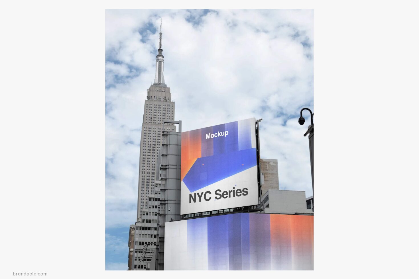 NYC billboard mockup with Empire State Building, colorful gradient design on urban street