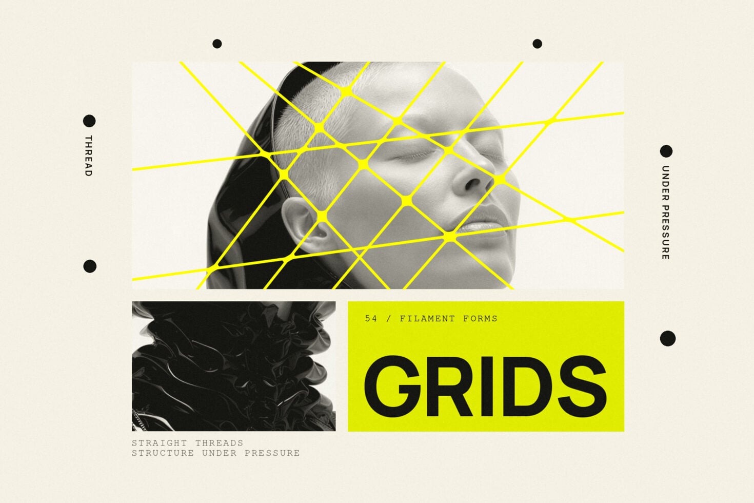 Neon yellow grid overlay on black white portrait with geometric layout design