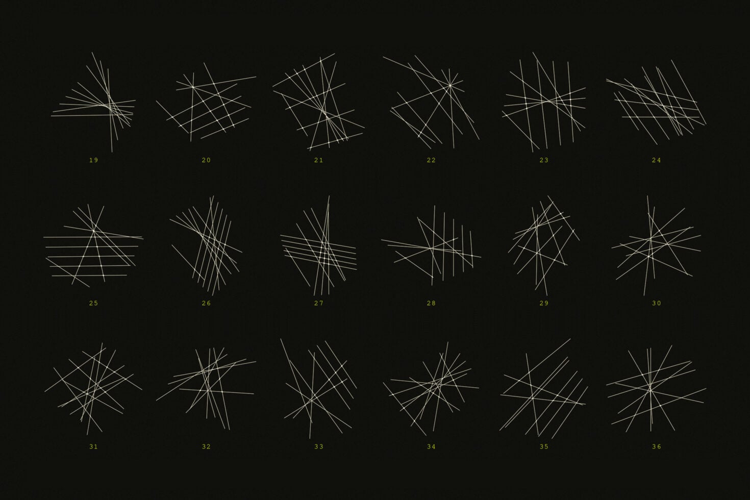 Collection of 18 minimalist line art graphics with geometric overlapping strokes on black