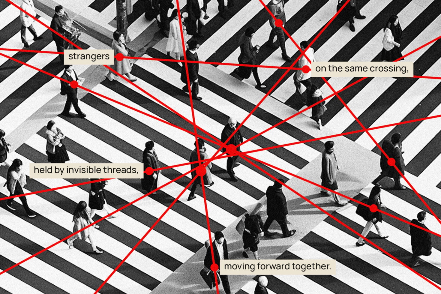 Overhead shot of people crossing zebra stripes with red connection lines linking them together