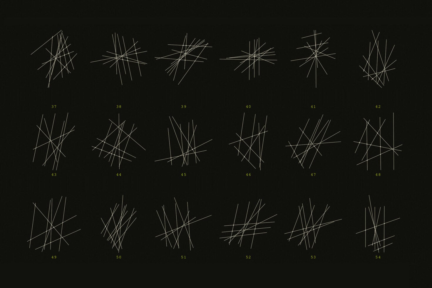 Grid of 18 minimalist line scribble graphics numbered 37 to 54 on black