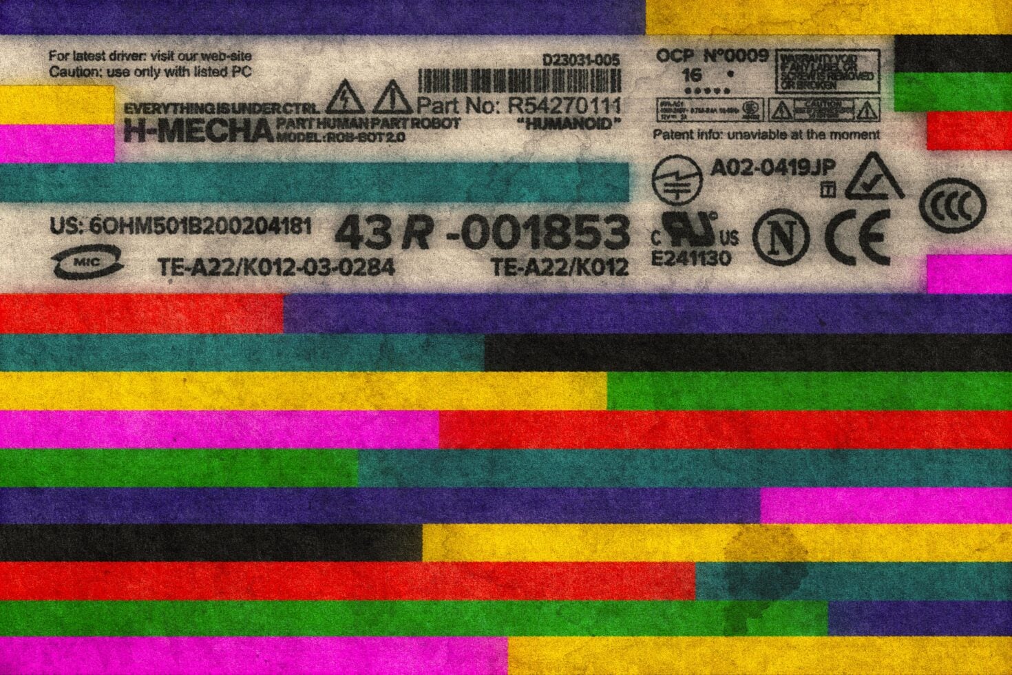 Retro tech label with bold color stripes, part numbers, warranty text, certification marks on worn beige background