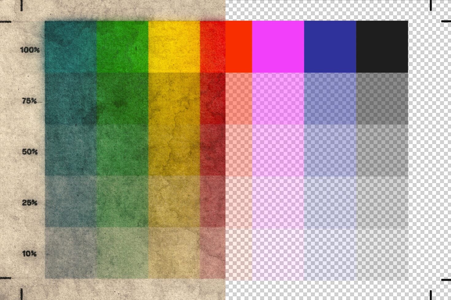 Color opacity chart showing eight hues fading from full saturation to transparent with percentage markers