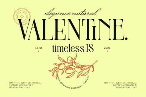 Valente serif font with script accents, botanical ornaments, on pale yellow background