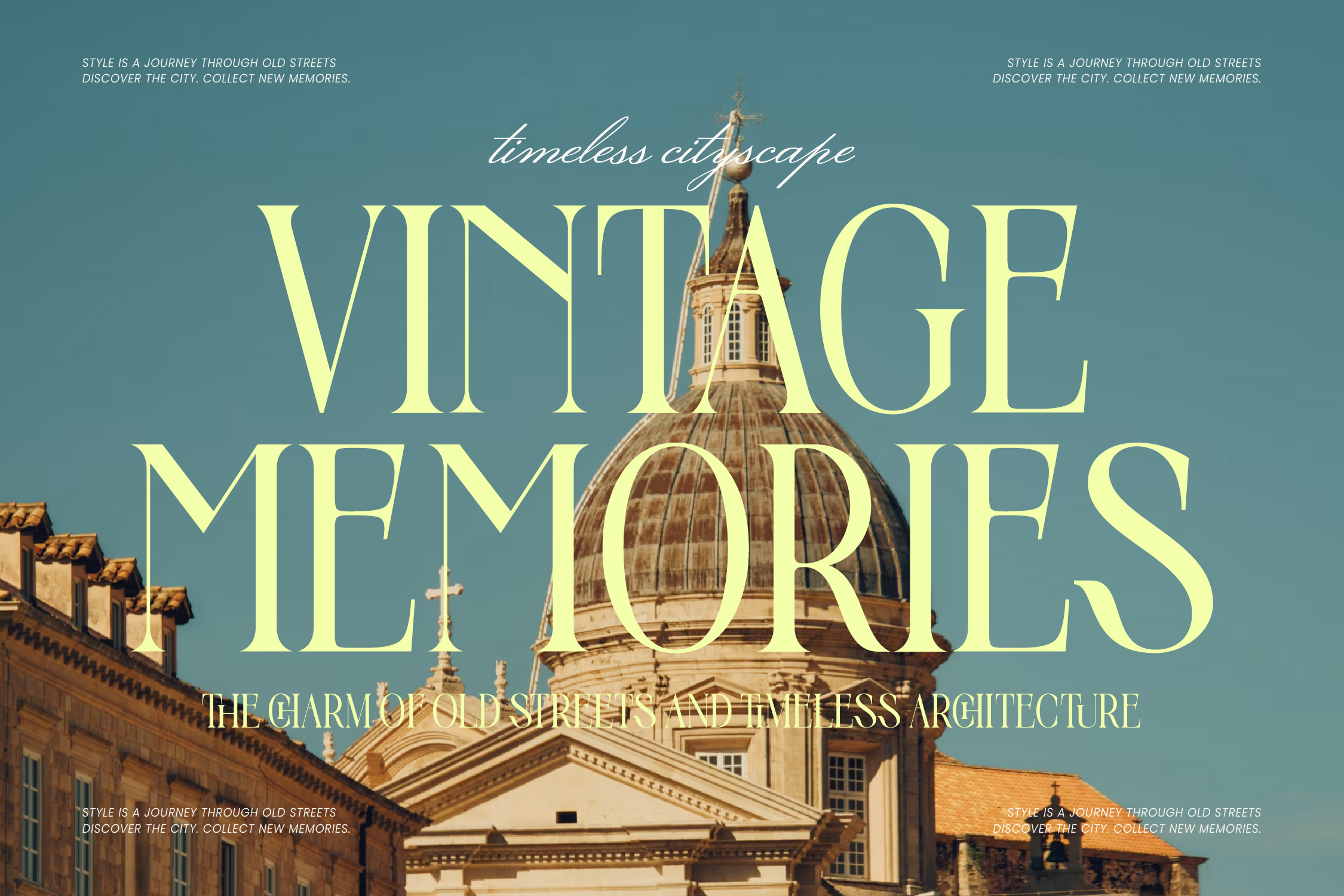 Vintage poster with cream serif typography over teal background, featuring historic European cathedral dome photograph