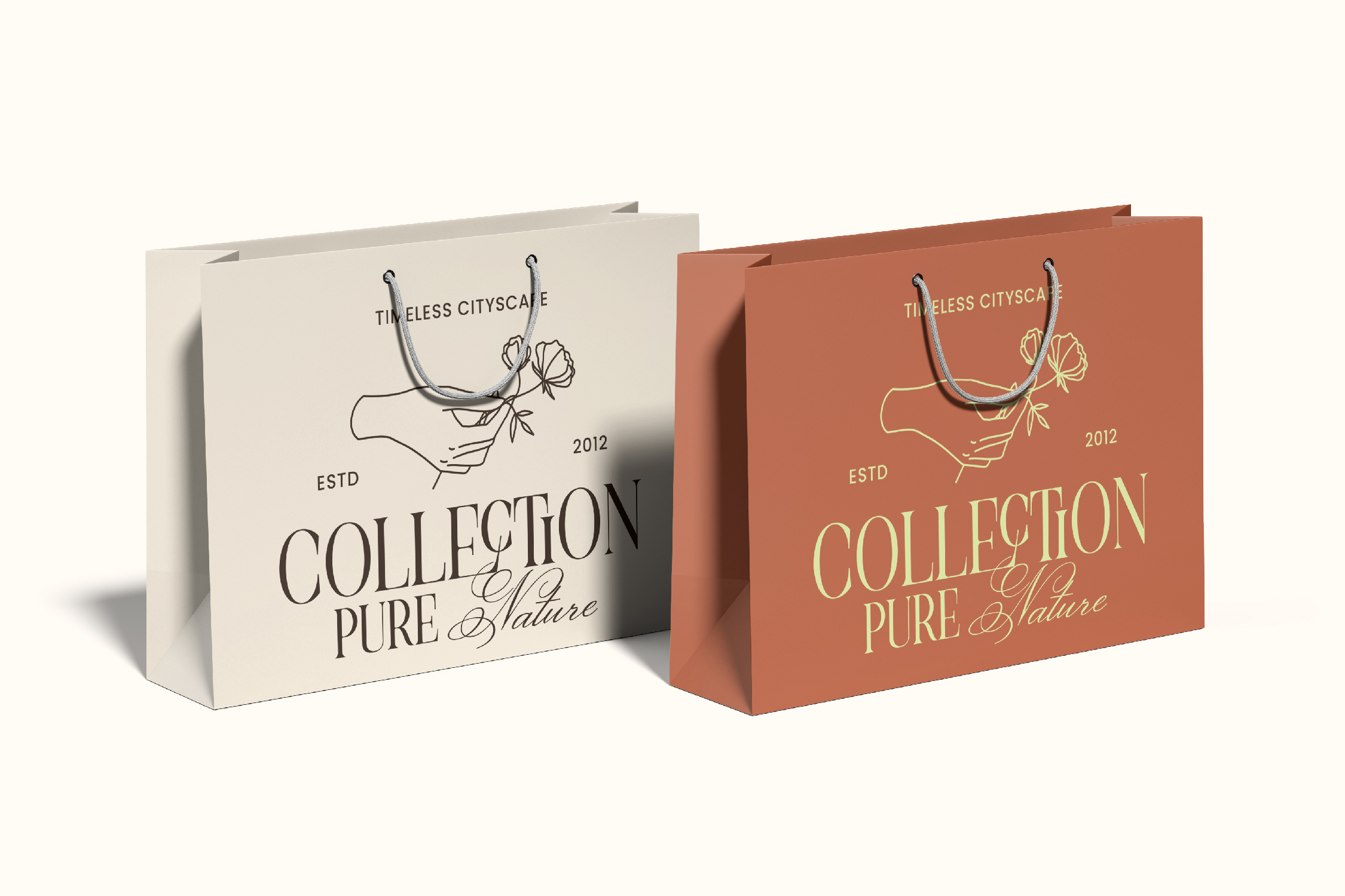 Luxury shopping bag mockup in cream plus terracotta with botanical line art branding
