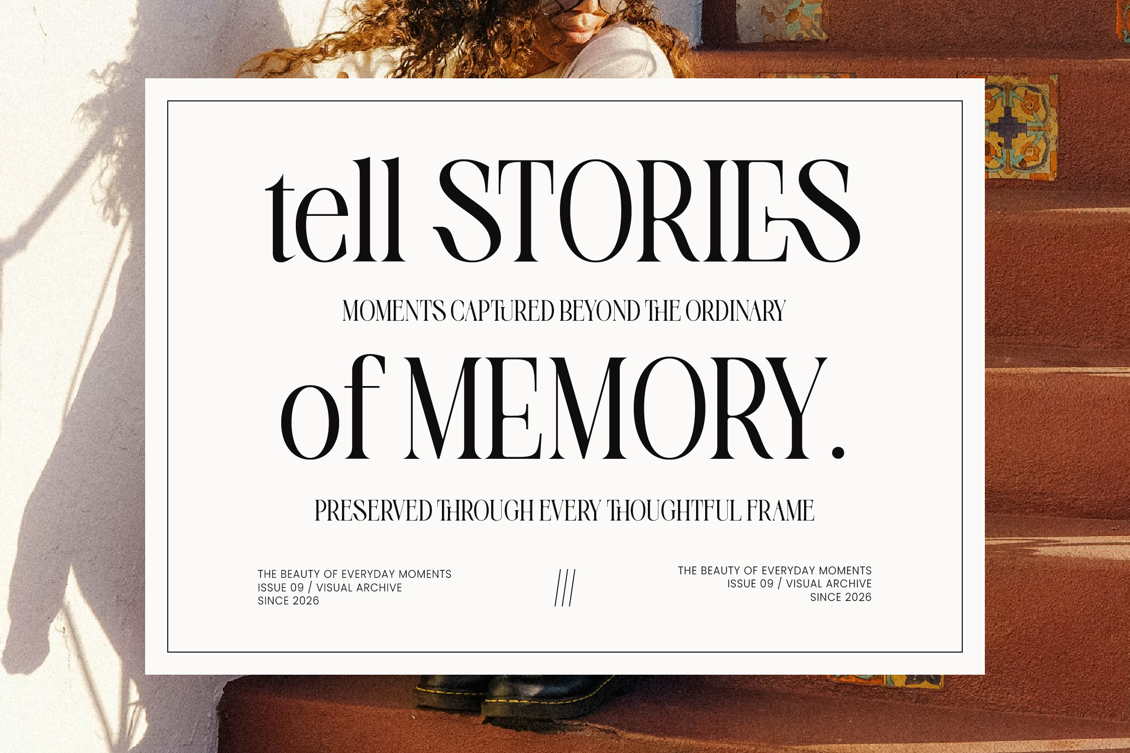 Minimalist poster mockup with serif typography about storytelling, displayed on warm terracotta wall with natural sunlight