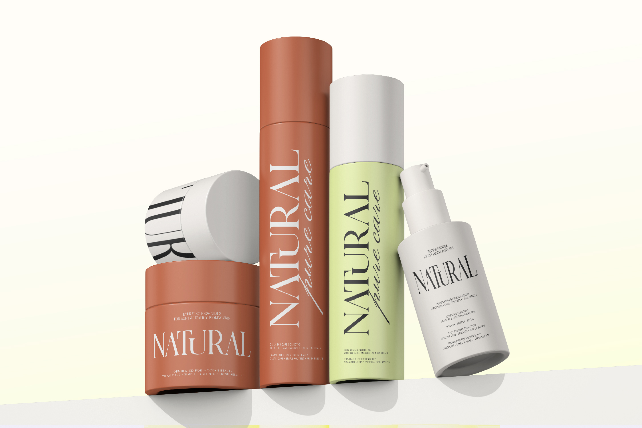 Natural skincare product lineup mockup with terracotta, white, plus lime green bottles