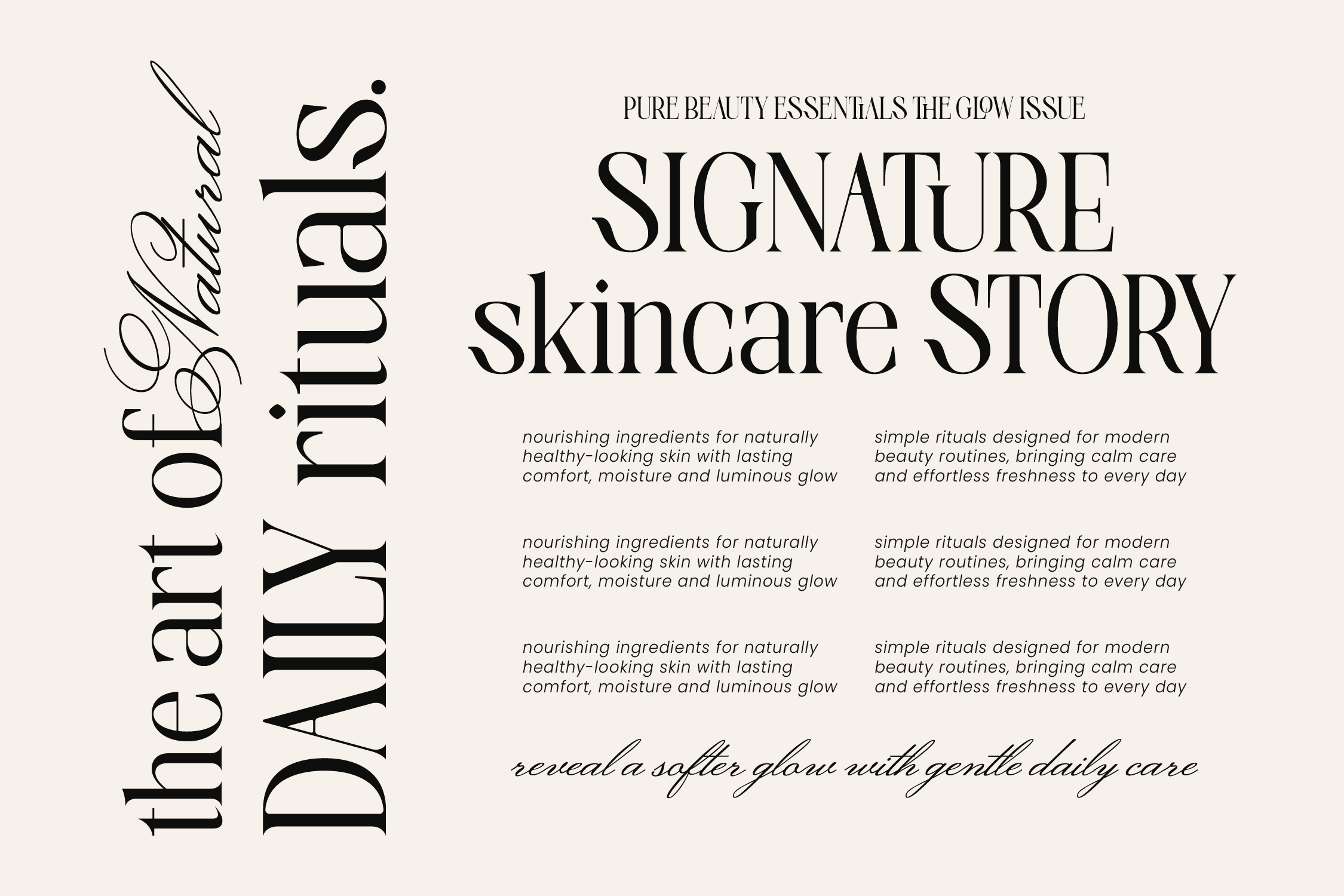 Elegant magazine spread layout for skincare brand with serif typography on cream background