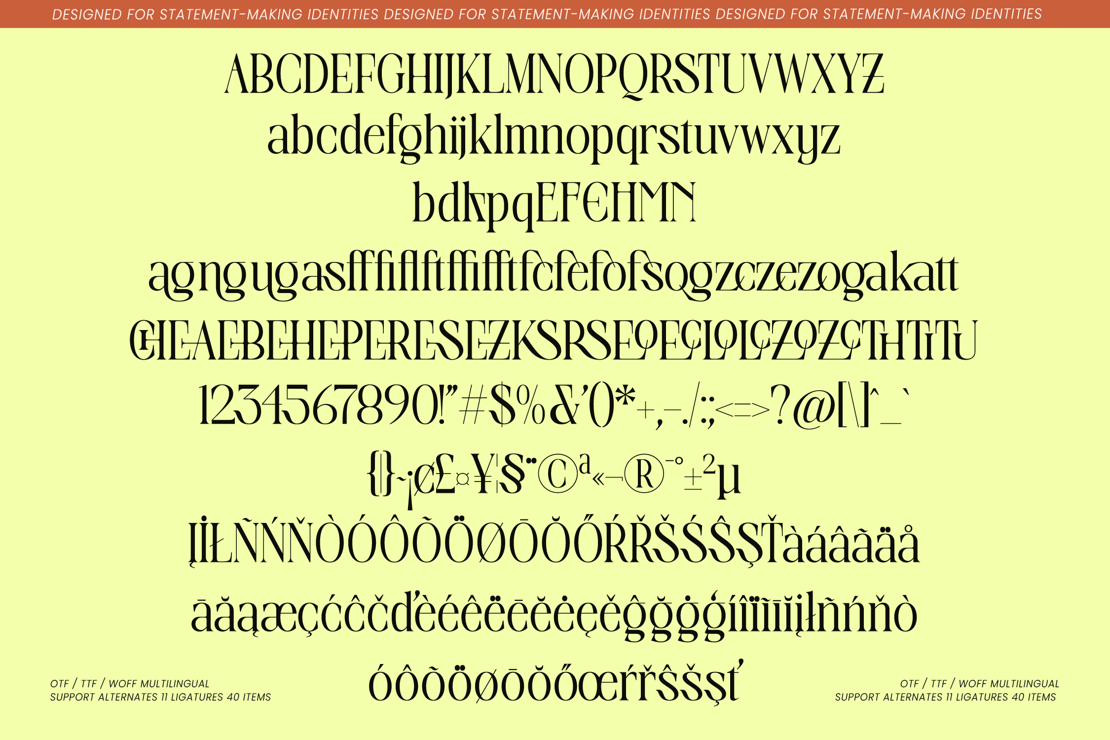 Elegant serif font specimen showing uppercase, lowercase, numbers, symbols with multilingual character support on bright lime background
