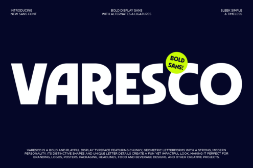 Varesco bold sans display font with chunky geometric letters on dark background
