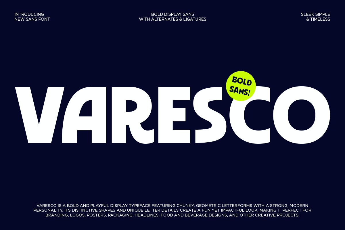 Varesco bold sans display font with chunky geometric letters on dark background