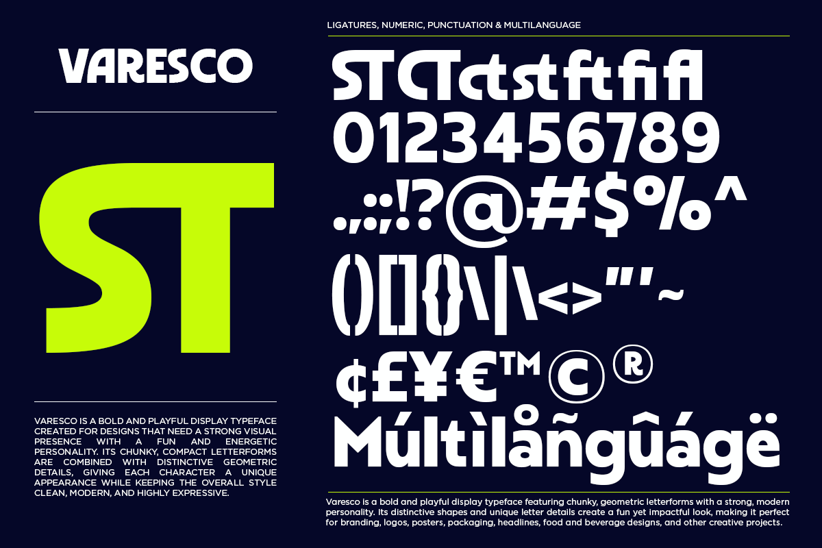 Varesco bold display font with neon yellow ST letters, numbers, symbols, multilanguage characters on dark blue background