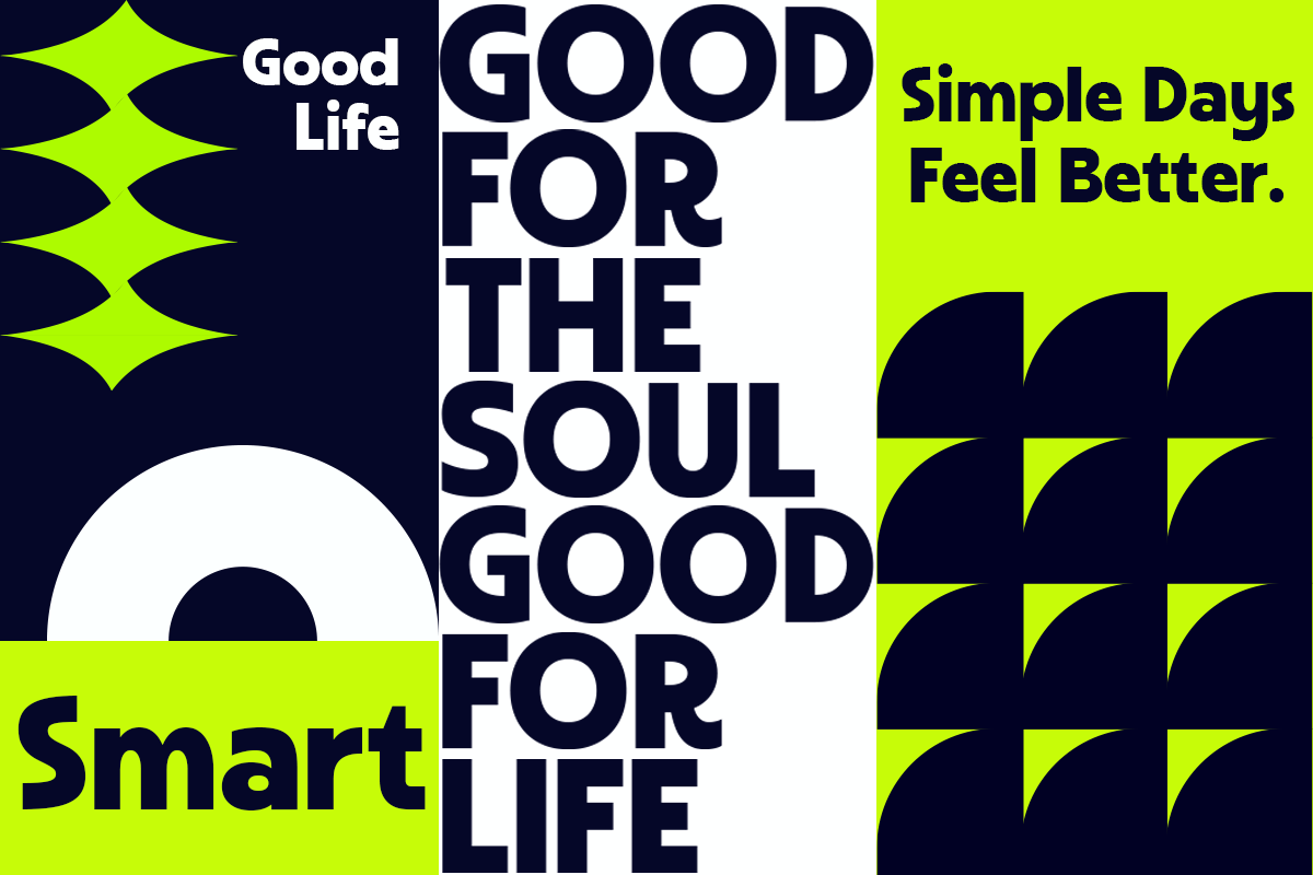 Neon yellow, navy color palette with bold typography layouts, geometric shapes, motivational quotes mixed in