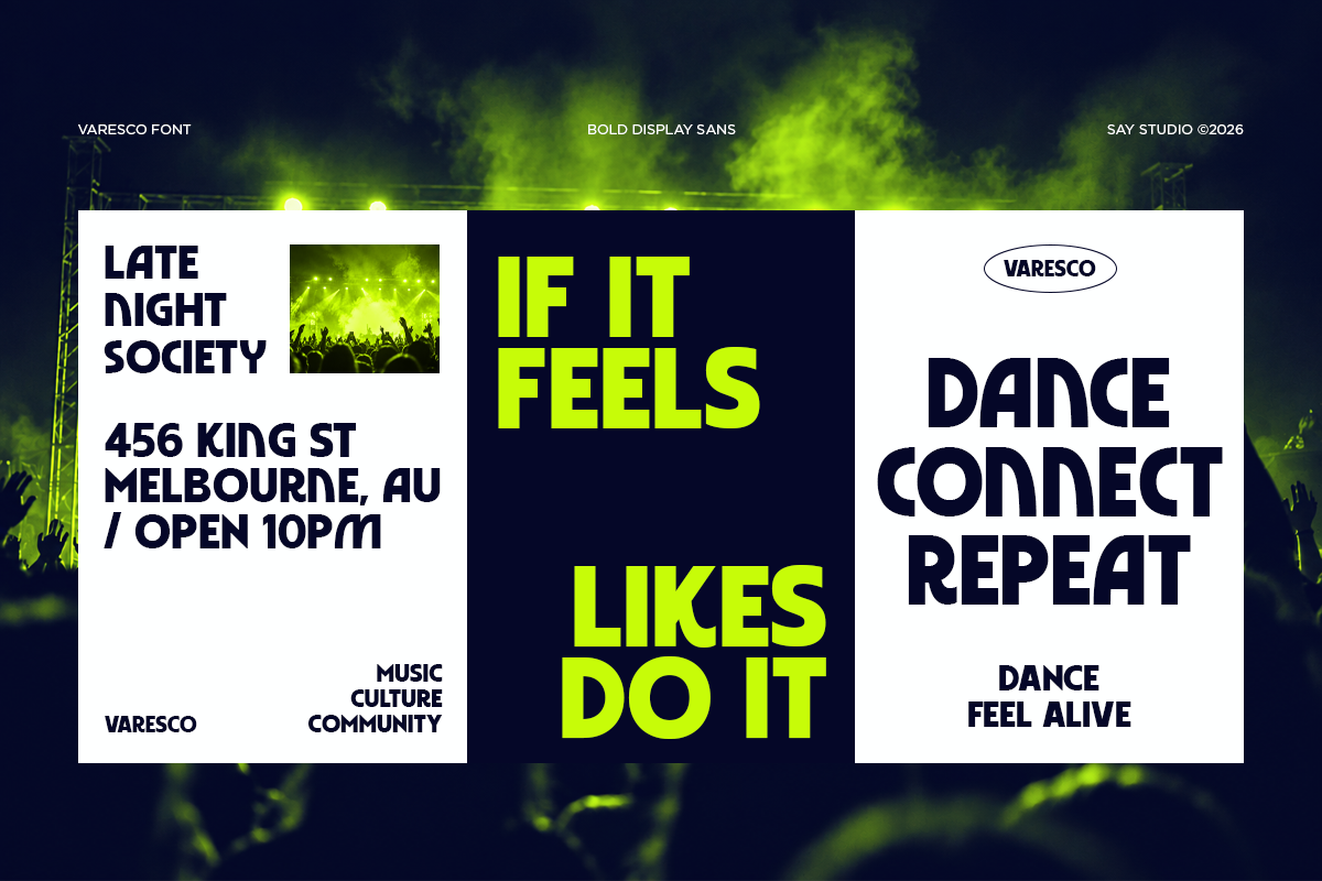 Neon yellow typography posters for Late Night Society nightclub with crowd photo backdrop