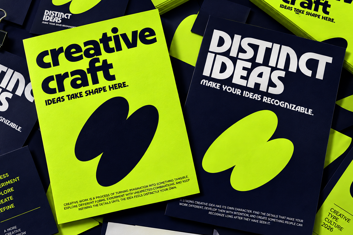 Neon yellow booklets with navy backgrounds stacked together showing "creative craft" messaging