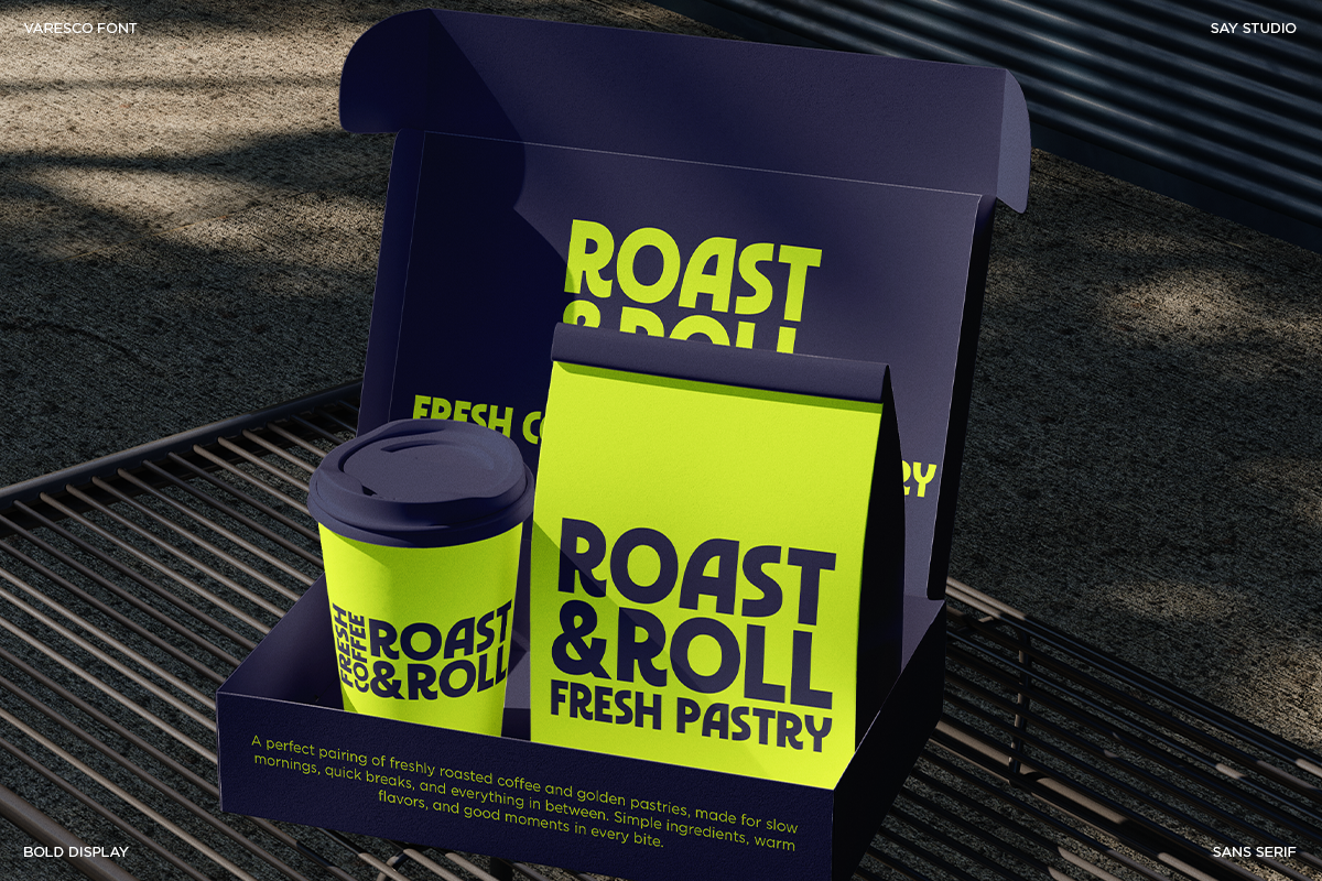 Roast & Roll coffee shop branding mockup with cup, bag, box in neon yellow on dark navy