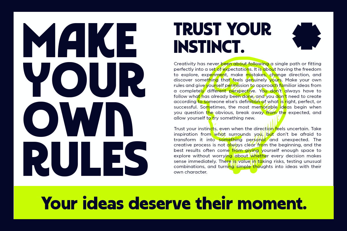 "Make your own rules" poster with motivational text on navy, white, plus neon yellow highlights